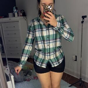 Green and Blue Plaid Button-Up Shirt